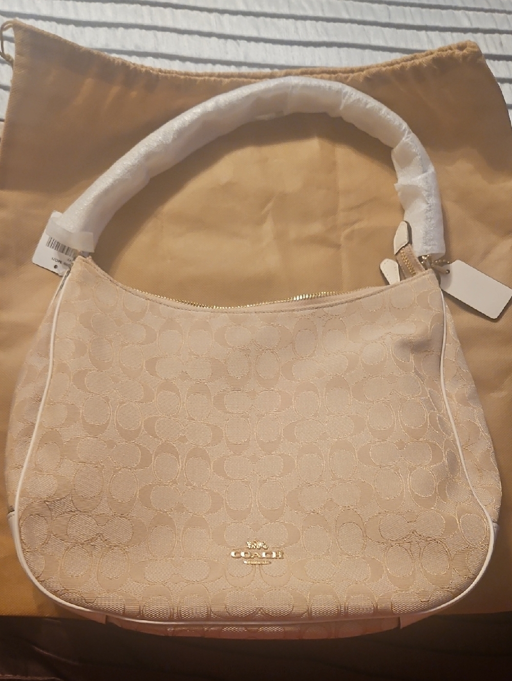 Coach Beige Signature Jacquard Hobo Shoulder Bag